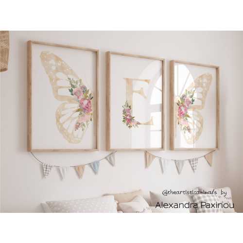 Butterfly print set of 3, Blush pink wall art, Floral nursery art, Baby name sign, Butterfly and flowers nursery decor, Printed and shipped