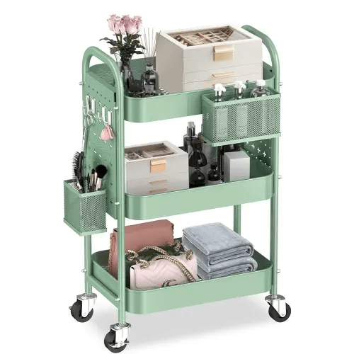 ALVOROG 3 Tier Rolling Cart with DIY Pegboards Metal Utility Cart with Wheels Handles Baskets Hooks, Storage Cart for Office Kitchen Bathroom(Green)