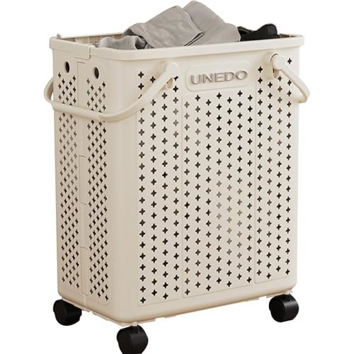 40L Small Collapsible Children's Laundry Basket with Wheels & Handle,Short and Slim Foldable Laundry Hamper for Apartment,Gym,Dorm,Fits Tight Spaces