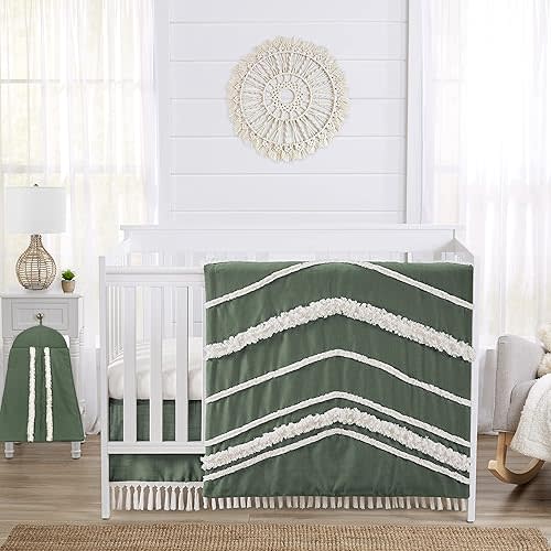 Sweet Jojo Designs 4-Piece Baby Crib Bedding Set (Green Boho Linen) for Boys or Girls, Infants/Nursery incl. Blanket, 100% Cotton Fitted Sheet, Skirt, Diaper Stacker (Sage, Chevron, Neutral Farmhouse)