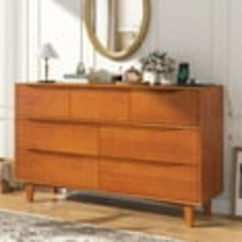 Solid Wood 7 Drawer Dresser with Power Outlets, 55" Mid-Century Modern Chest Of Drawers with Cutout Handle For Bedroom Living Room Hallway