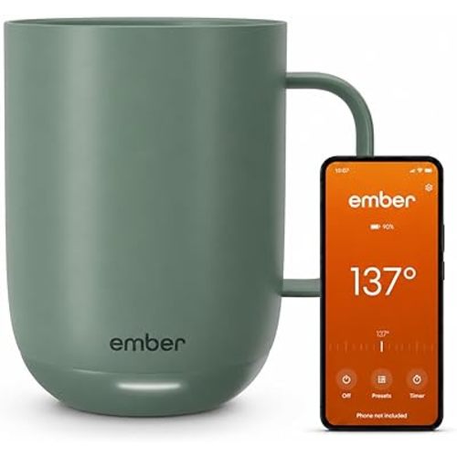 Ember Temperature Control 14oz Smart Mug 2, App-Controlled and Rechargeable Heated Coffee Cup Warmer with Intelligent LED Display, Sage Green.