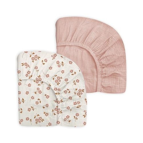 Pack and Play Sheets for Baby Boy and Girl 2 Pack, Neutral Muslin Cotton Pack N Play Mattresses Sheet 27"x39", Muslin Nursery Bedding Soft and Breathable Comfort (Floral & Pink)