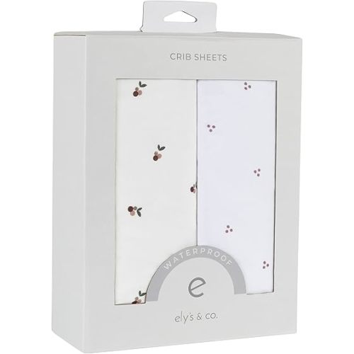 Ely's & Co. Patent Pending Waterproof Crib Sheets, 100% Cotton with Waterproof Lining - Built in Mattress Protector, 2 Pack Fitted Crib Sheet Set, Berry and Cluster Dot (Lavender) 28” x 52”