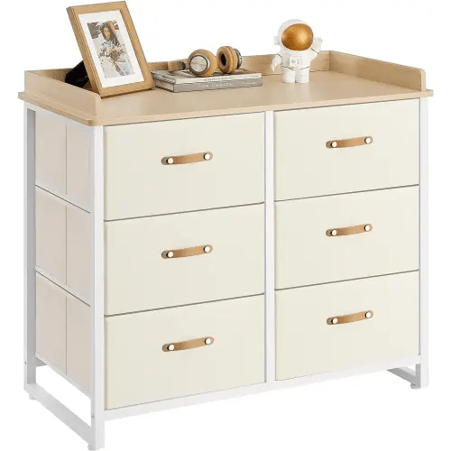 SONGMICS Dresser for Bedroom with 6 Drawers, Chest of Drawers, with Water-Resistant Changing Table, Storage Organizer Cabinet, for Kids Room Nursery Living Room Hallway, Beige UGKR101K01