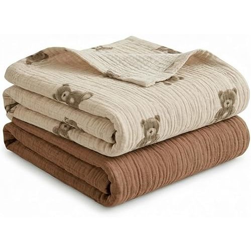 Pikabuki Muslin Swaddle Blankets for Boys Girls, 2 Pack Receiving Baby Blanket Large 47 x 40 inches, Soft Breathable Swaddling Wrap for Unisex Newborn (Bear, Brown)