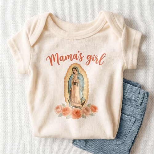 Mama's Girl Virgin Mary Baby Onesie - Cute Catholic Guadalupe Floral Bodysuit
