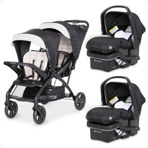 Baby Trend Sit N' Stand Double Stroller with 2 EZ Lift Plus Infant Car Seats, Convertible Tandem Travel System Combo, Foldable & Compact, Modern Khaki
