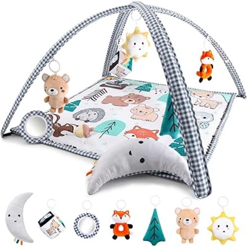 The Peanutshell Unisex Baby Play Gym & 7-in-1 Play Mat - Playmat Baby Toys 0-6, 6-12 Months Tummy Time Mat with Hanging Toys, Soft Padded Mat for Newborns, Infants - Woodland