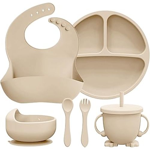 RyanLemon Baby Feeding Set, Baby Flatware Sets, Silicone Baby Led Weaning Set, Suction Plate and Bowl, Pocket Bib, Spoon Fork, Toddler Flatware Set for Babies 6 Months+, Nude