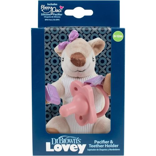 Dr. Brown's Baby Lovey Pacifier and Teether Holder, Deer with Pink HappyPaci, 100% Silicone, 0-6m (Packaging May Vary)