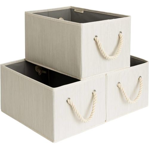 StorageWorks Large Storage Baskets for Organizing, Foldable Storage Baskets for Shelves, Fabric Storage Bins with Handles, Decorative Shelf Baskets, Beige, White & Ivory, 3-Pack