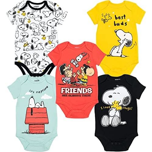 PEANUTS Snoopy Charlie Brown Baby 5 Pack Bodysuits Newborn to Infant