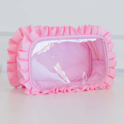Clear Ruffled Nylon Pouch - Large - Pink