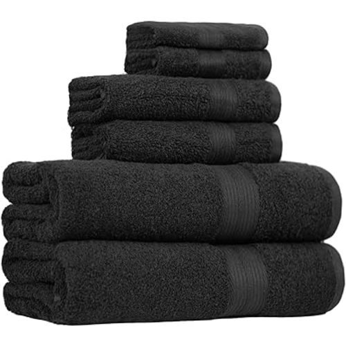 Amazon Basics 6 Piece Oversized Fade resistant Towel set, 100% Cotton towels for bathroom, soft and absorbent, 2 Bath Towels, 2 Hand Towels and 2 Washcloths bathroom towel set, Black