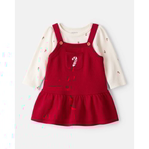 Baby Girl 2-Piece Candy Cane Print Long-Sleeve Top & Dress Set - Red - Carter's | Carter's