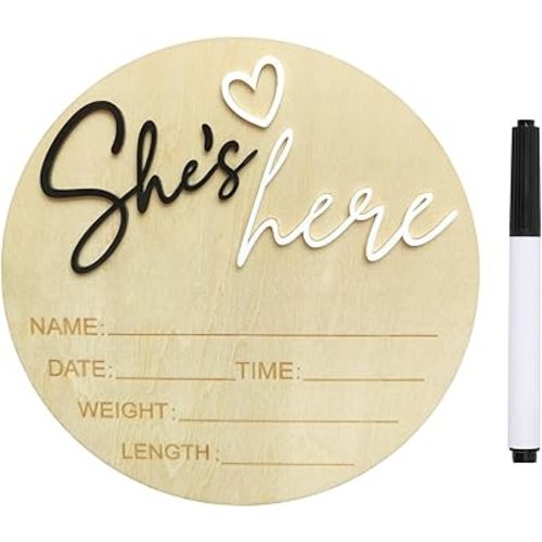 Baby Announcement Sign, ​5.9 Inch Wooden Hello World Newborn Signs, Birth Announcement Sign, Gender Reveal Signs, She's here Decoration, Welcome Newborn Arrival To World, Hospital Nursery for Baby (Black She's)