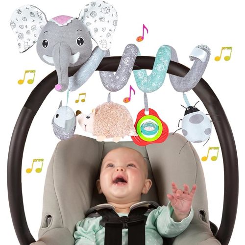 Baby Car Seat Toys, Infant Activity Spiral Toys Hanging Stroller Toys for Baby with Musical Owl Rattles Hedgehog Beep Ladybug Squeaker - Gray Elephant Toys for Newborn Baby 0 3 6 12 Months
