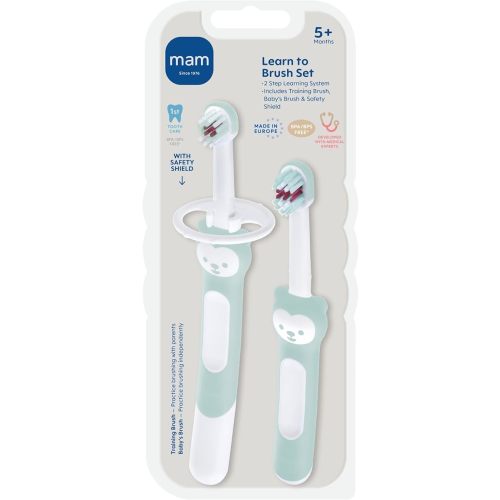 MAM Learn to Brush Set (1 Baby's Brush Toothbrush, 1 Training Brush, 1 Safety Shield), Baby Toothbrushes with Brushy The Bear, Interactive App, for Boys 5+ Months, Blue