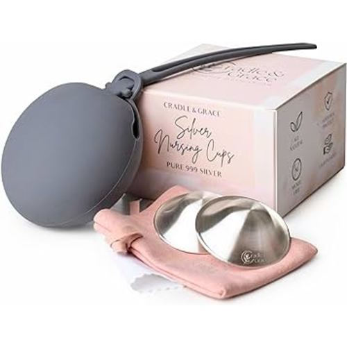 Cradle & Grace Pure 999 Silver Nursing Cups & Carrying Case | Silver Nipple Covers Breastfeeding Kit for All-Natural Healing | Silver Nipple Shields for Nursing Moms | Sore Nipple Relief Breastfeeding