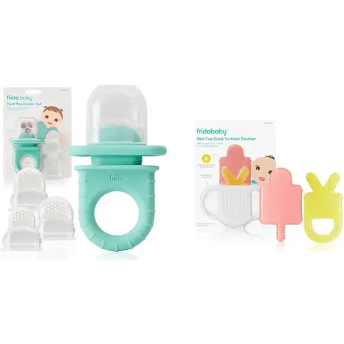 Frida Baby Push Pop Feeder, Baby Fruit Feeder + 4-in-1 Teether Teething Toy | 100% Food-Grade Silicone Food Pacifier and Teether Toy for Baby 0-6, 12, 18 Months Infant