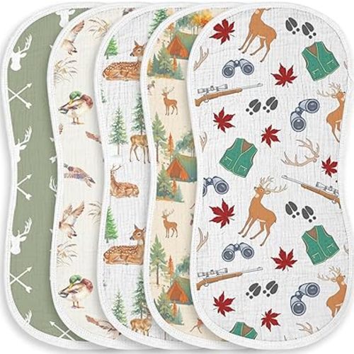 5 Pack Baby Burp Cloths for Boys Girls, Soft Cotton, Mallard Duck&Hunting Theme Design, Super Absorbent Baby Burping Cloths for Newborns, Machine Washable and Reusable Baby Spit-Up Cloths