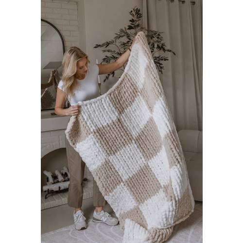 Checkered Chunky Knit Blanket - Large, Cozy, Thick & Bulky - Soft White and Cream - 50" x 60"