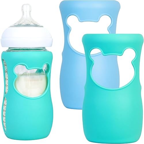 Silicone Baby Bottle Sleeves for Philips Avent Bottles, Anti Breakage Baby Bottle Holder for Avent Natural Glass Baby Bottles, Compatible with Avent Baby Bottle, 8oz, Pack of 2 (Blue and Turquoise)