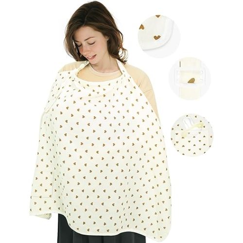 Muslin Nursing Cover for Breastfeeding,Breathable Breastfeeding Cover up with Arch Neckline for Women,Machine Washable & Dryer Safe Feeding Cover Up,43.3” x 25.6” (Brown Heart)
