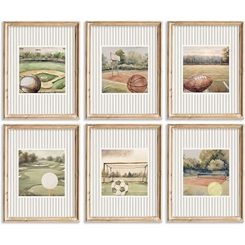Vintage Sports Nursery Wall Art Toddler Boys Room Canvas Wall Decor Sports Themed Posters Baseball Golf Football Basketball Soccer Tennis Painting Artwork for Kids Bedroom Playroom 8x10x6 In Unframed
