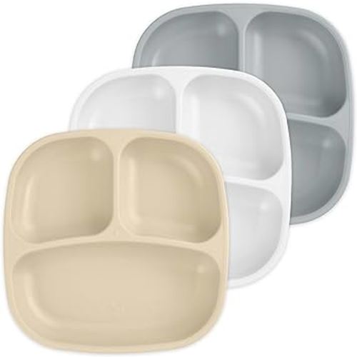 Re-Play Made in USA 7" Deep Walled Divided Plates for Kids, Set of 3 - Reusable 3 Compartment Plates, Dishwasher and Microwave Safe - 7.37" x 7.37" x 1.25", Seashell