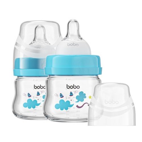 YOHKOH 2.7oz Newborn Glass Baby Bottle ,Wide-Neck,Slow Flow,for 0 m+,2Pk,Blue Gift Sets