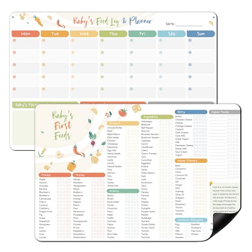 BIROYAL 2 Pack Baby First Food Checklist, Baby First Foods Tracker Fridge Magnet & Daily Food Log Meal Planner, 12"x8" Dry Erase Baby Foods Chart, 101 Foods Before 1 Checklist Magnet
