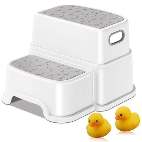 Step Stools for Kids, 2 Step Stool with Anti-Slip Surface and Rubber Bottom, Toddler Step Stool Poop Stool for Toilet Potty Training, Bathroom, Kitchen (Include 2 Ducks) Gray
