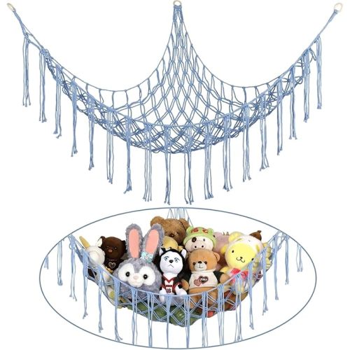 Stuffed Animal Hammock Corner, Hand-knitted Large Plushie Net Toy Hammock with Wooden Rings | Boho Cute Stuff Animal Storage for Nursery & Bedroom | Mesh Kids Toy Organizer Holder Nursery Room Decor