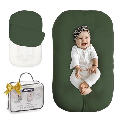 Baby Lounger for Newborn - Snuggle Cozy Me Lounger | Breathable Soft Cotton, 0-24 Months Portable Playtime Baby Nest, Newborn Baby Essentials Gifts- Moss (1 Lounger + 1 Cover)