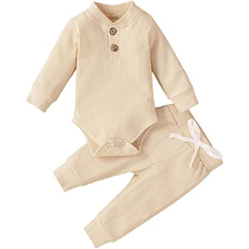 Aweyoo Newborn Baby Boy Girl Clothes Unisex Solid Cotton Long Sleeve Knitted Ribbed Romper & Pants Set Infant Winter Outfits