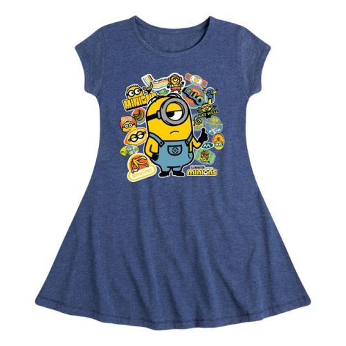 Despicable Me Minions Minion & Banana Stickers Fit & Flair Cap Sleeve Dress - Heather Navy - 3t