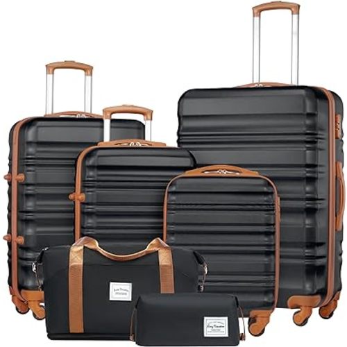 LONG VACATION 6 Piece Luggage Set ABS+PC hardshell Spinner Wheels BLACK-BROWN 6 piece set