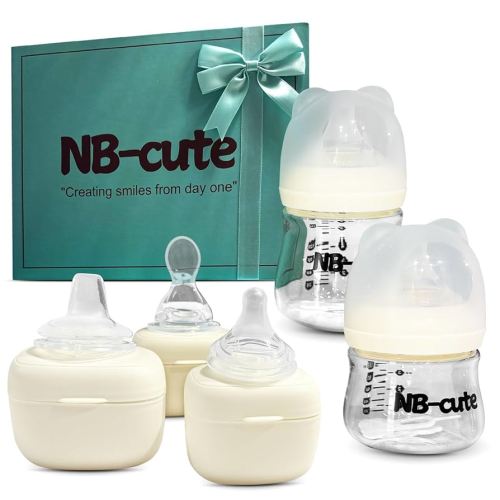 Glass Baby Bottles Sets Anti-Colic, BPA-Free, Wide Neck, Soft Silicone Nipple with Natural Response, 2-Pack + 3 Extra Nipples (Nipple, Spoon, Duckbill) Borosilicate Gass Bottle (Aqua Blue)