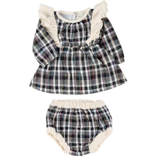 Plaid Ruffle Accent Long Sleeve Cotton Dress & Bloomers