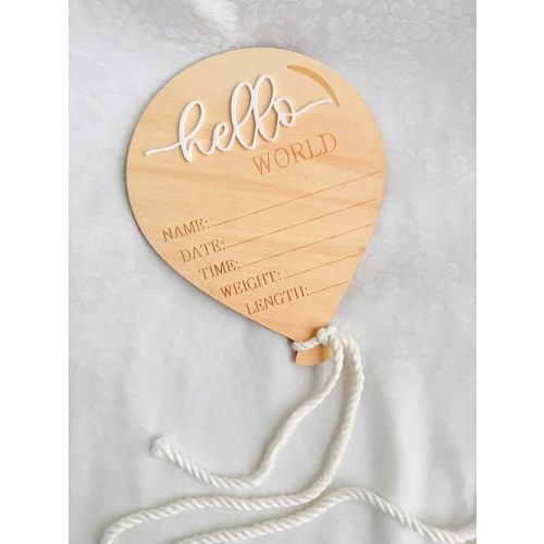 Wooden Newborn Announcement Ornament, Hello World Balloon Sign with Hanging Rope, Birth Details Wood Keepsake, Nursery Decor, Hospital Photo Prop