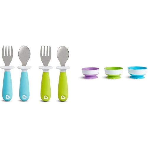 Munchkin® Raise™ Toddler Plastic Fork and Spoon Utensil Set, 4 Pack, Blue/Green & Stay Put™ Suction Bowls for Babies and Toddlers, 3 Pack, Blue/Green/Purple