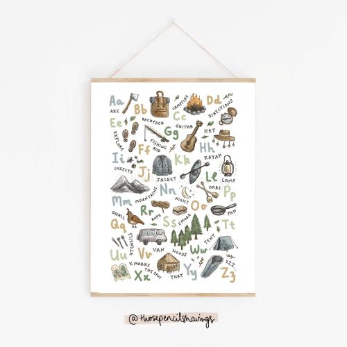 Camping Alphabet Print | Illustrated A-Z Adventure Poster | ABC Kids Great Outdoors Nursery Decor | Baby Shower Gift