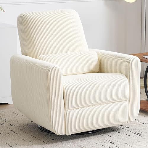 360° Swivel Glider Recliner Chair, Oversized Rocker Recliner with Heating and Massage, Glider Chair for Nursery with Pillow,24" Extra Wide Rocking Chair for Living Room, Beige