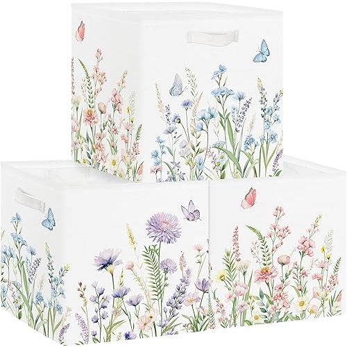 11.8" Wild Flower Storage Cube Organizer Set 3Pcs Clothes Storage Basket Bin for Closet Shelf Garden Butterfly Nursery Kid Room Book Toy Chest, Plant Bush