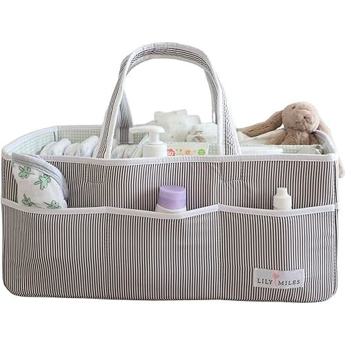 Lily Miles Baby Diaper Caddy - Organizer Tote for Infant Boy or Girl - Baby Shower Basket - Nursery Must Haves - Registry Favorites - Newborn Caddie Car Travel - Gray/Mint, Extra Large