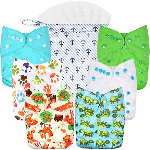 wegreeco Cloth Diapers 6 Pack with 6 Inserts & 1 Wet Bag, Washable Cloth Diapers for Babies, One Size Adjustable Reusable Diapers Baby (Neutral Prints)