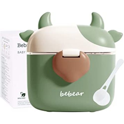 Bebamour Baby Formula Dispenser, BPA Free Portable Milk Powder and Candy Fruit Snack Storage Container with Scoop and Leveller for Travel, 450 ML, Green Cow