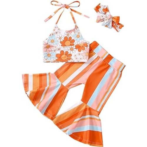 TheFound Toddler Baby Girl Summer Outfit Halter Top Bell Bottoms Flare Pant 2Pcs Infant Newborn Clothes